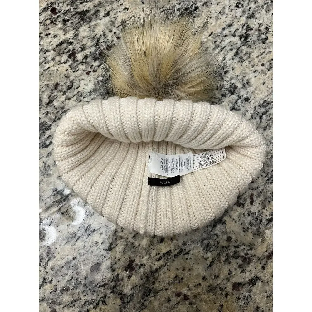 J CREW Hat Womens OS Ribbed Cuffed Pom-Pom Beanie NWOT Knit Cotton Ivory